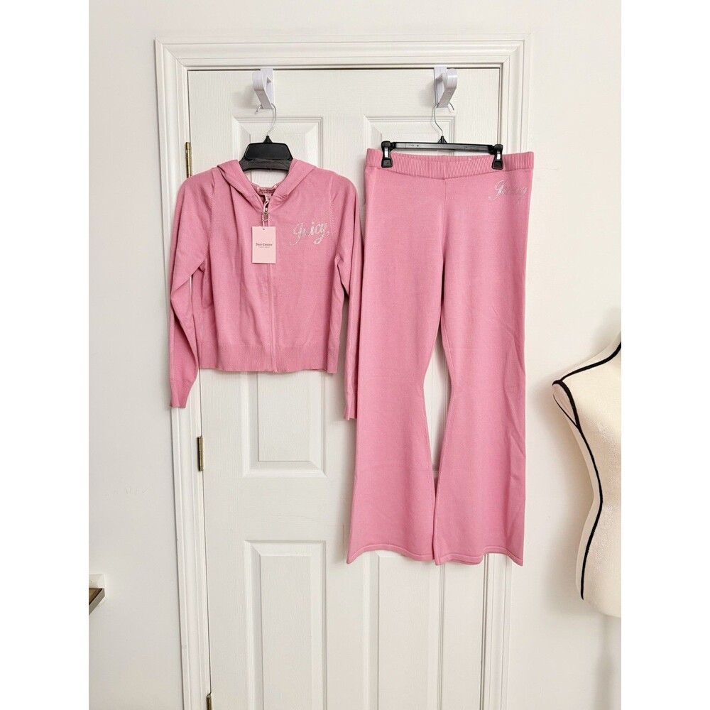 Juicy Couture Rose Pink Knit Tracksuit Set Hoodie and Flare Pants XL New
